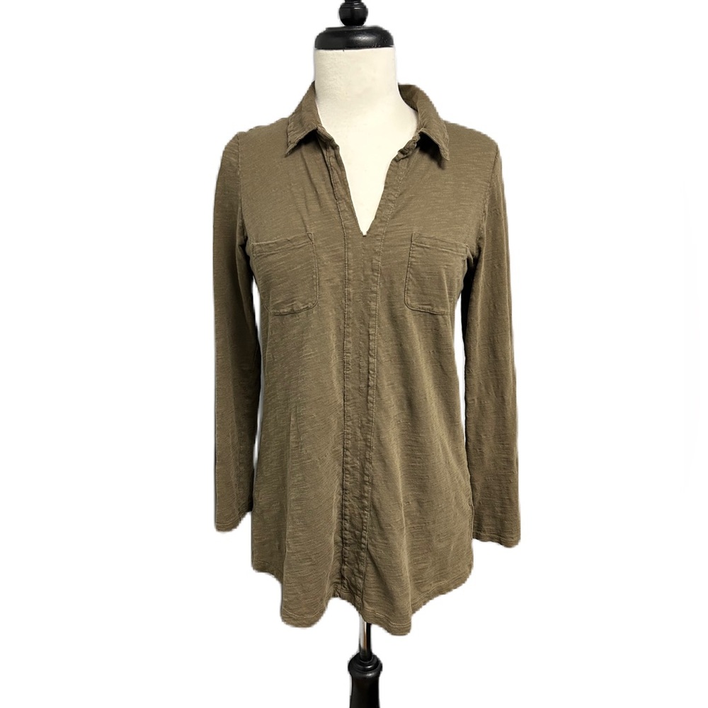 J. JILL Womens S Green Slub Pullover Tunic Roll Tab Long Sleeve Cotton Tunic Top